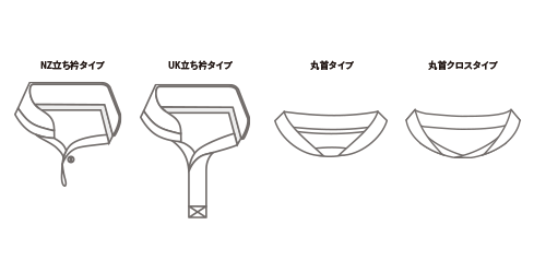 丸首タイプ 丸首型立ち衿タイプ 浅V衿タイプ NZ立ち衿タイプ 丸首型立ち衿タイプ 浅V衿タイプ